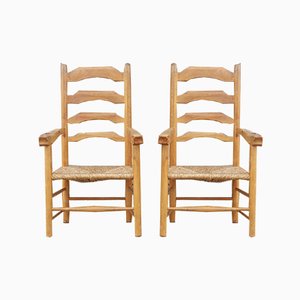 Vintage English Elm and Straw Ladder Back Lounge Chairs, 1940s, Set of 2