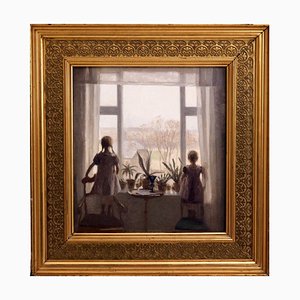 Dipinto interno raffigurante due bambini Olio su tela, Carl V. Meyer