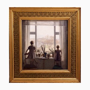 Interior Painting of Two Children Oil on Canvas, Carl V. Meyer