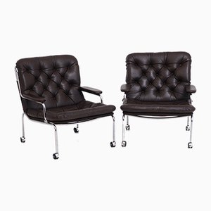 Leather and Chromed Steel Lounge Armchairs, 1960s, Set of 2