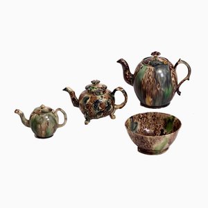 18th Century Teapots and Bowl Faience with Tortoiseshell Decorations from Wieldon, Set of 4