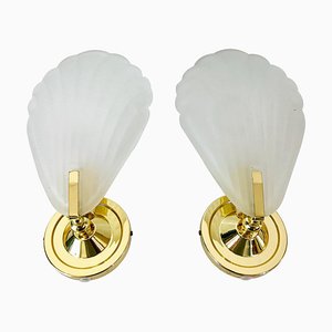 Shell Shaped Brass and Glass Wall Lamps, 1980s, Set of 2