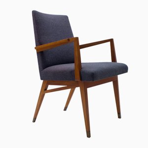 Mid-Century Modern Wood Armchair in Grey Fabric on Brass Feet, Germany, 1950s