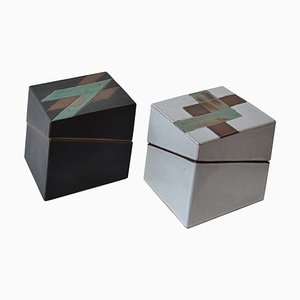 Vintage Square Studio Pottery Boxes in Black and White and Geometric Pattern, Set of 2