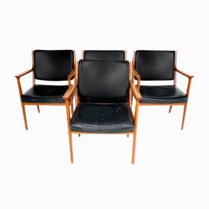 Swedish Teak and Leather Chairs, 1960s, Set of 4