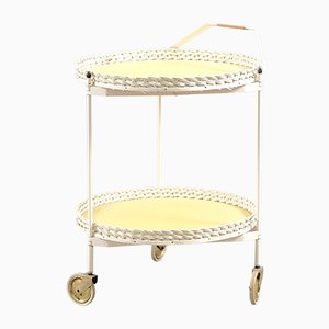 Vintage Folding Rattan & White Metal Tea Cart, 1960s