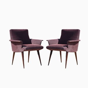 Lounge Chairs in Purple Velvet and Varnished Wood, France, 1950s, Set of 2