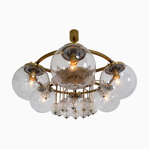 Large Hotel Chandelier in Brass and Hand Blown Glass, Europe, 1970s