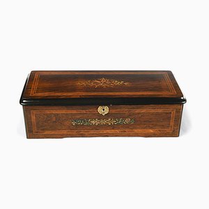 Antique Painted Wooden Music Box with Marquetry Decoration