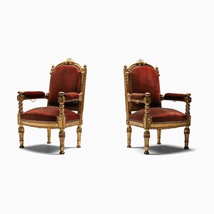 Fauteuils Antiques en Bois Doré et Velours, 1880s, Set de 2