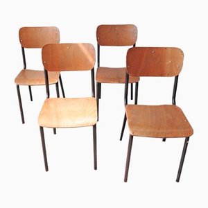 Vintage Wood and Tubular Black School Chairs, Set of 4