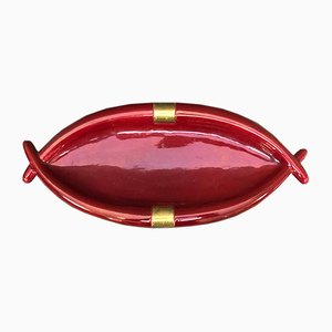 Red Ceramic and Brass Centerpiece by Tommaso Barbi for Romani, Italy, 1950s