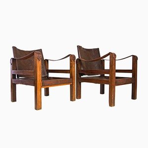 Mid-Century French Leather Safari Lounge Chairs, 1950s, Set of 2