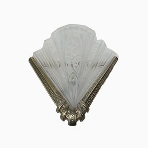 Vintage Art Deco Wandlampen aus geätztem Glas & vernickeltem Metall von Frontisi, 2er Set