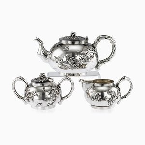 Antique Chinese Solid Silver Cherry Blossom Tea Set from Wen Wei Ji, 1900s