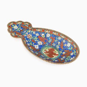 Antique Russian Solid Silver Gilt and Plique-a-jour Enamel Tray from Ivan Khlebnikov, 1890s