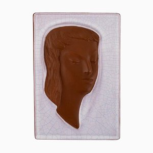 Escultura Goldscheider Art Déco de cerámica vidriada con rostro de mujer, Austria, años 50