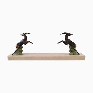 Art Deco Sculpture of Jumping Bucks in Patinated Metal on Marble Base, 1930s