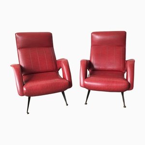Mid-Century Red Faux Leather and Iron Lounge Chairs Attributed to Carlo de Carli, Set of 2