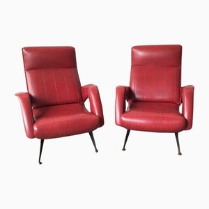 Suite de Fauteuils Mid-Century en Faux Cuir Rouge Attribué à Carlo de Carli