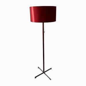German Floor Lamp with Base in Teak & Chromed Steel and Red Silk Shade, 1970s