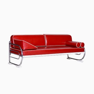 Bauhaus Red Tubular Chromed Steel Sofa from Robert Slezák, 1930s