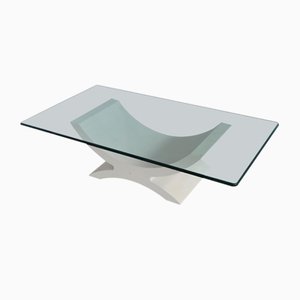 Mesa de centro con superficie de cristal y base de madera con detalles de piel de saco ecológica blanca de Cupioli Luxury Living