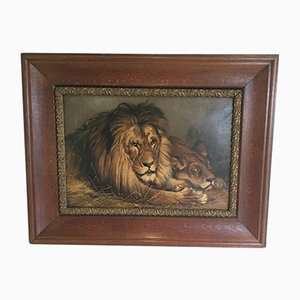 Geza Vastagh, Lion et Lionne, 1900s, Huile sur Toile, Encadrée