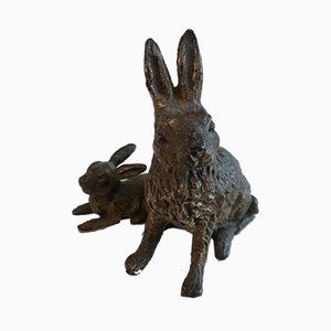 Small Bronze Figure of Rabbit and Kit, 1880s