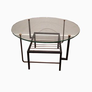 French Lacquered Metal and Brass Small Coffee Table with Round Glass Top, 1970s