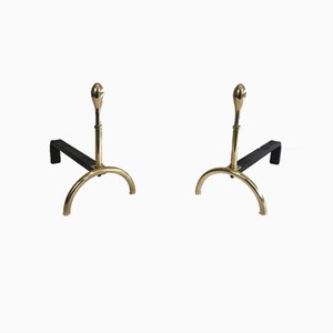 French Neo-Classical Style Brass and Iron Andirons, 1970s, Set of 2