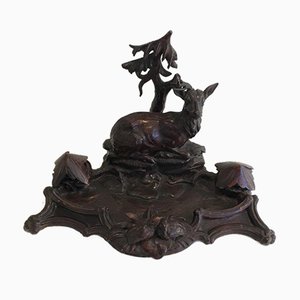 Black Forest Carved Wood Inkwell of Deer and Birds in the Forest, 1800s