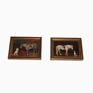 Pinturas de caballos y perros, siglo XIX, óleo sobre lienzo, enmarcadas. Juego de 2