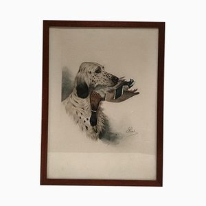 L. Riad, englischer Setter und Ente, 1920er, Farblithographie