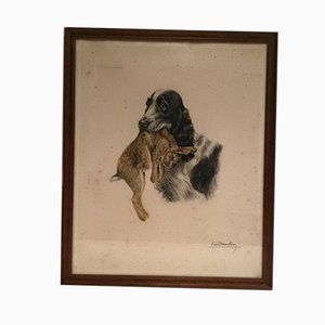 Léon Danchin, Setter inglés y conejo, años 20, Litografía coloreada