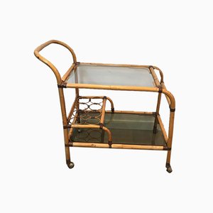 French Rattan Drinks Trolley with Leather Links, 1950s