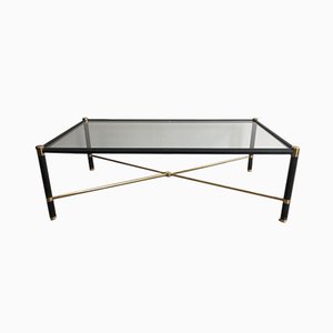 French Rectangular Brass & Black Leather Coffee Table in the Style of Jacques Adnet, 1970s