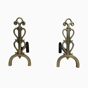 French Bronze and Iron Andirons in Style of Raymond Subes, 1940s, Set of 2