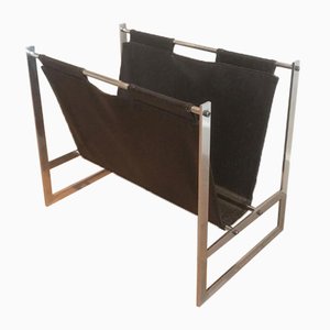 Brushed Steel and Leather Magazine Rack, Denmark, 1970s