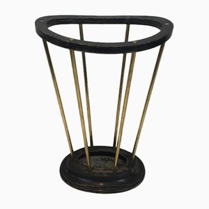 Ebonised Wood and Brass Umbrella Stand by Jacques Adnet, France, 1950s