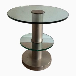 Tavolino rotondo in metallo spazzolato e vetro, anni '60