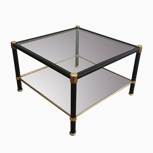 French Brass & Black Lacquered Square Side Tables in the Style of Jacques Adnet, 1970s, Set of 2