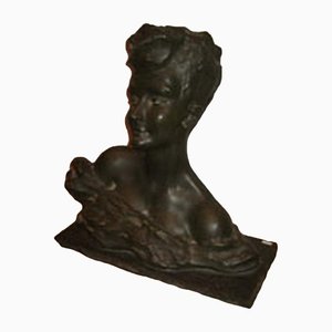 French Art Deco Terracotta Woman Bust Sculpture on Stone Base by B. Patris, 1930s