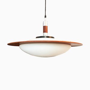 Mid-Century Round Wood, Opaline Glass, and Polished Steel Pendant Lamp, 1950s