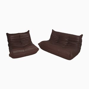 Madras Brown Leather Togo Sofa & Lounge Chair by Michel Ducaroy for Ligne Roset, 1970s, Set of 2