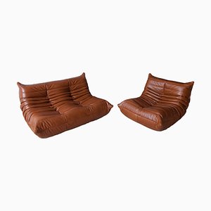Tabacco Brown Leather Togo Sofa & Lounge Chair by Michel Ducaroy for Ligne Roset, 1970s, Set of 2