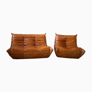 Dubai Pine Leather Togo Sofa & Lounge Chair by Michel Ducaroy for Ligne Roset, 1970s, Set of 2