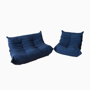 Blue Navy Microfiber Togo Sofa & Lounge Chair by Michel Ducaroy for Ligne Roset, 1970s, Set of 2