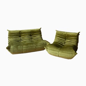 Green Olive Velvet Togo Sofa & Lounge Chair by Michel Ducaroy for Ligne Roset, 1970s, Set of 2