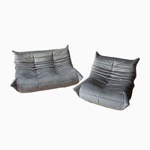 Grey Velvet Togo Sofa & Lounge Chair by Michel Ducaroy for Ligne Roset, 1970s, Set of 2